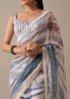 Blue Organza Striped Saree With Mirror Work And Unstitched Blouse Piece