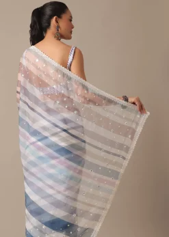 Blue Organza Striped Saree With Mirror Work And Unstitched Blouse Piece