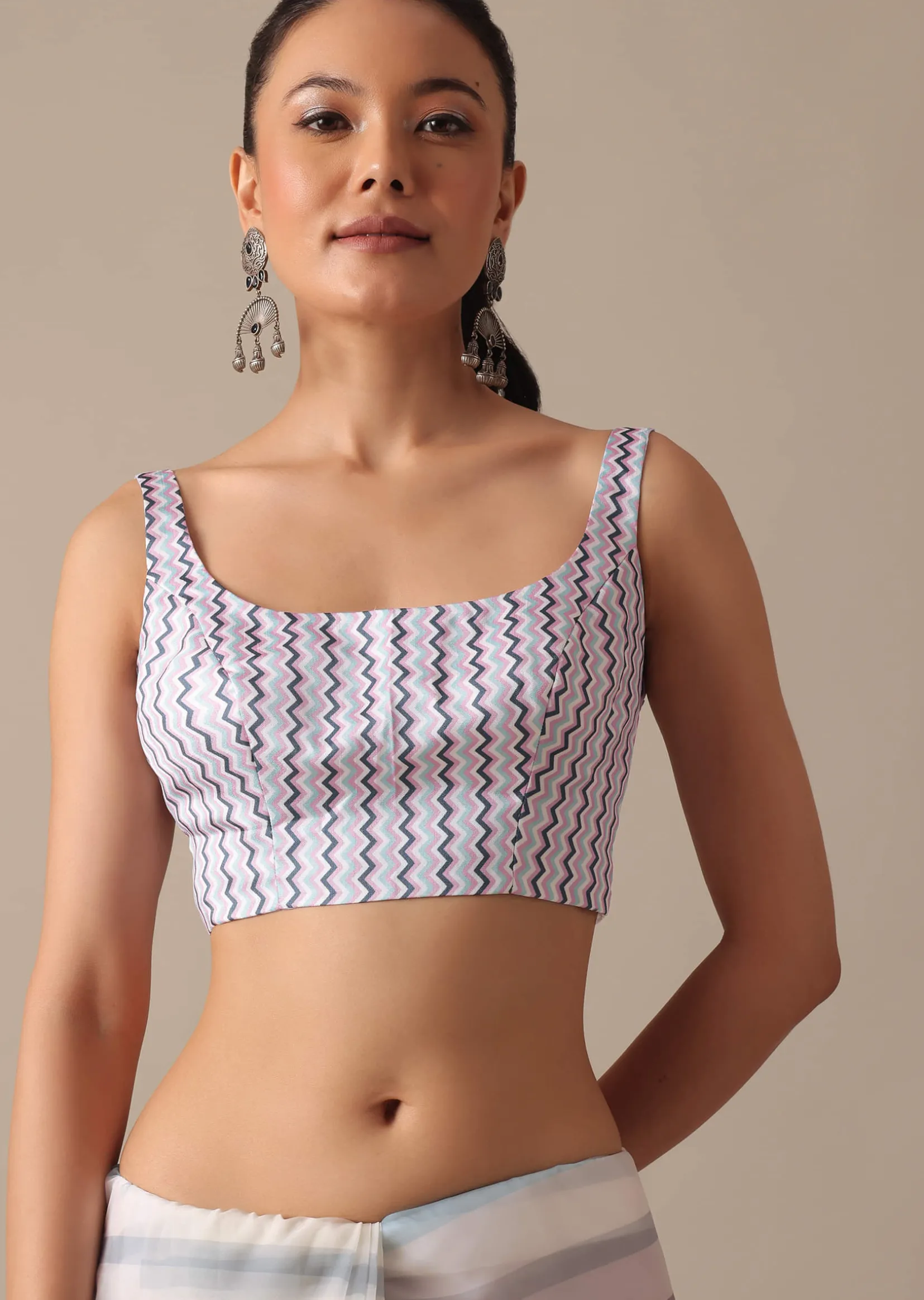 Blue Organza Striped Saree With Mirror Work And Unstitched Blouse Piece