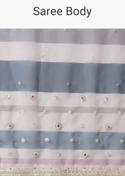 Blue Organza Striped Saree With Mirror Work And Unstitched Blouse Piece
