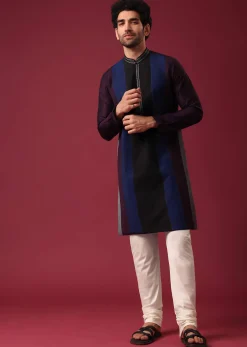 Blue Pintuck Colorblock Kurta Set in Silk