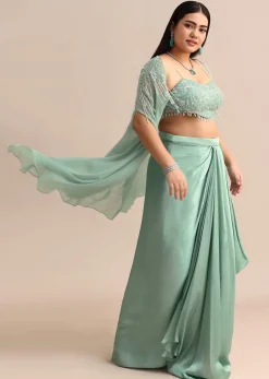 Blue Pleated Drape Skirt And Embellished Cape With Tassels