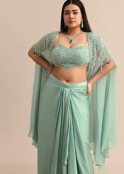Blue Pleated Drape Skirt And Embellished Cape With Tassels