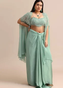 Blue Pleated Drape Skirt And Embellished Cape With Tassels