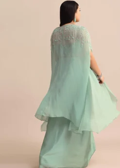Blue Pleated Drape Skirt And Embellished Cape With Tassels