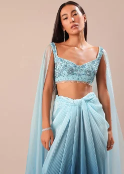 Blue Pre Pleated Twisted Skirt And Blouse With Attched Cape