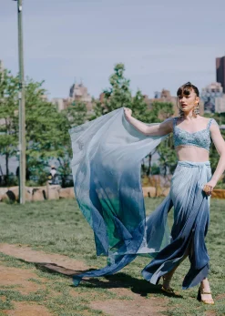 Blue Pre Pleated Twisted Skirt And Blouse With Attched Cape