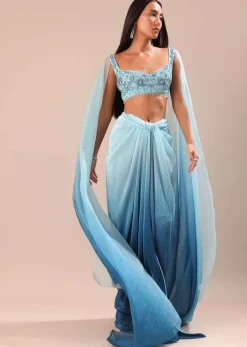 Blue Pre Pleated Twisted Skirt And Blouse With Attched Cape