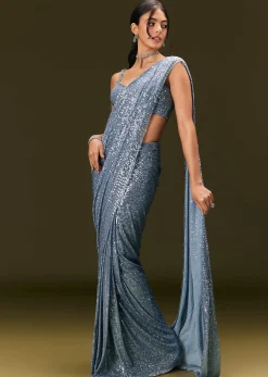Blue Pre Stitched Saree With Sequin Stone Work