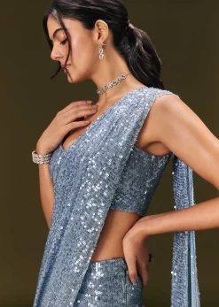 Blue Pre Stitched Saree With Sequin Stone Work