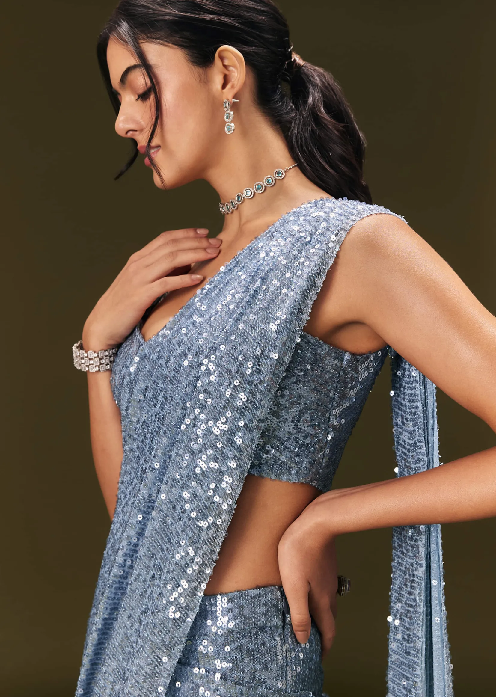Blue Pre Stitched Saree With Sequin Stone Work