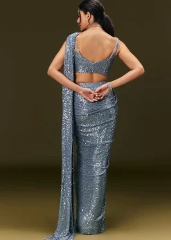Blue Pre Stitched Saree With Sequin Stone Work