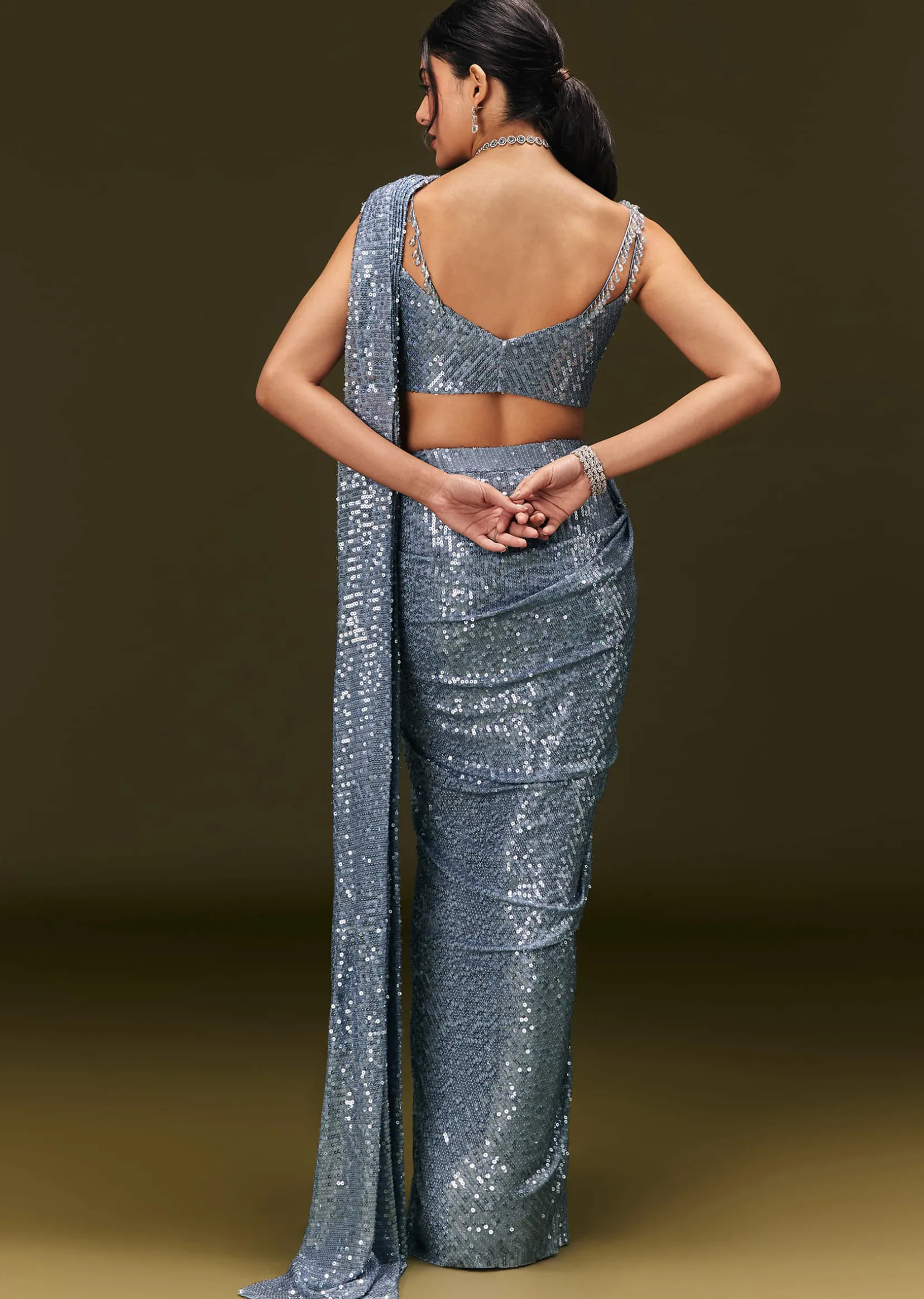 Blue Pre Stitched Saree With Sequin Stone Work