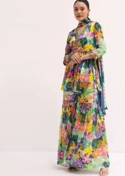 Blue Printed Chiffon Kurta Sharara Set