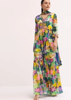 Blue Printed Chiffon Kurta Sharara Set