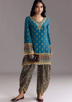 Blue Printed Dhoti Set With Ajrakh Detail