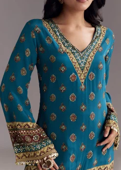 Blue Printed Dhoti Set With Ajrakh Detail