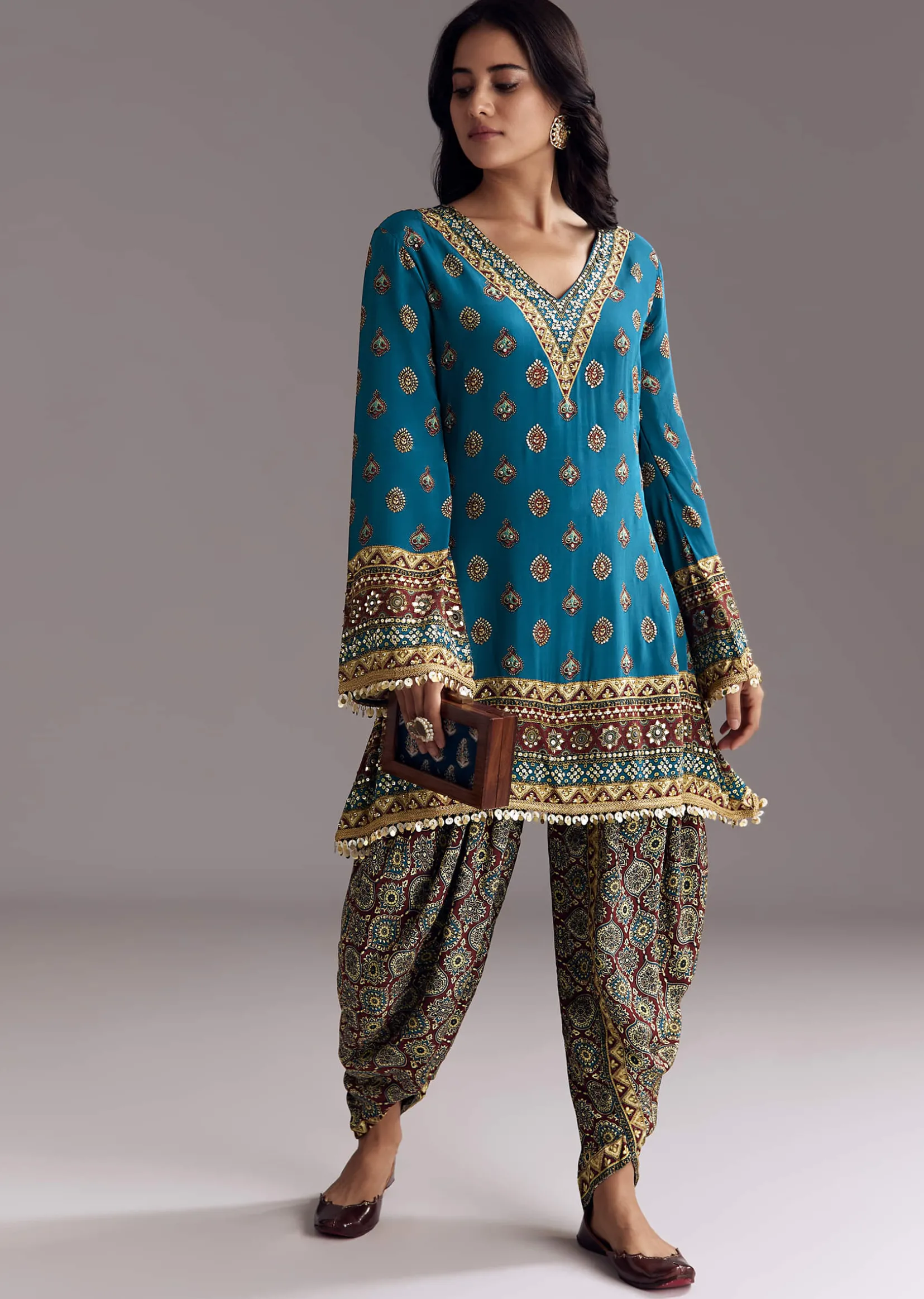 Blue Printed Dhoti Set With Ajrakh Detail