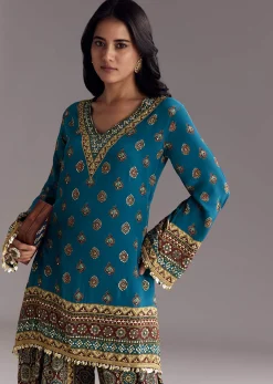 Blue Printed Dhoti Set With Ajrakh Detail