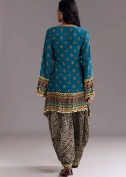 Blue Printed Dhoti Set With Ajrakh Detail