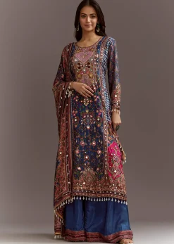 Blue Printed Gotta Lace Sequin Kurta Set With Floral Print Dupatta