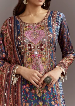 Blue Printed Gotta Lace Sequin Kurta Set With Floral Print Dupatta