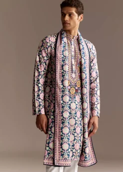 Blue Printed Kurta Dupatta Set With Mirror Work
