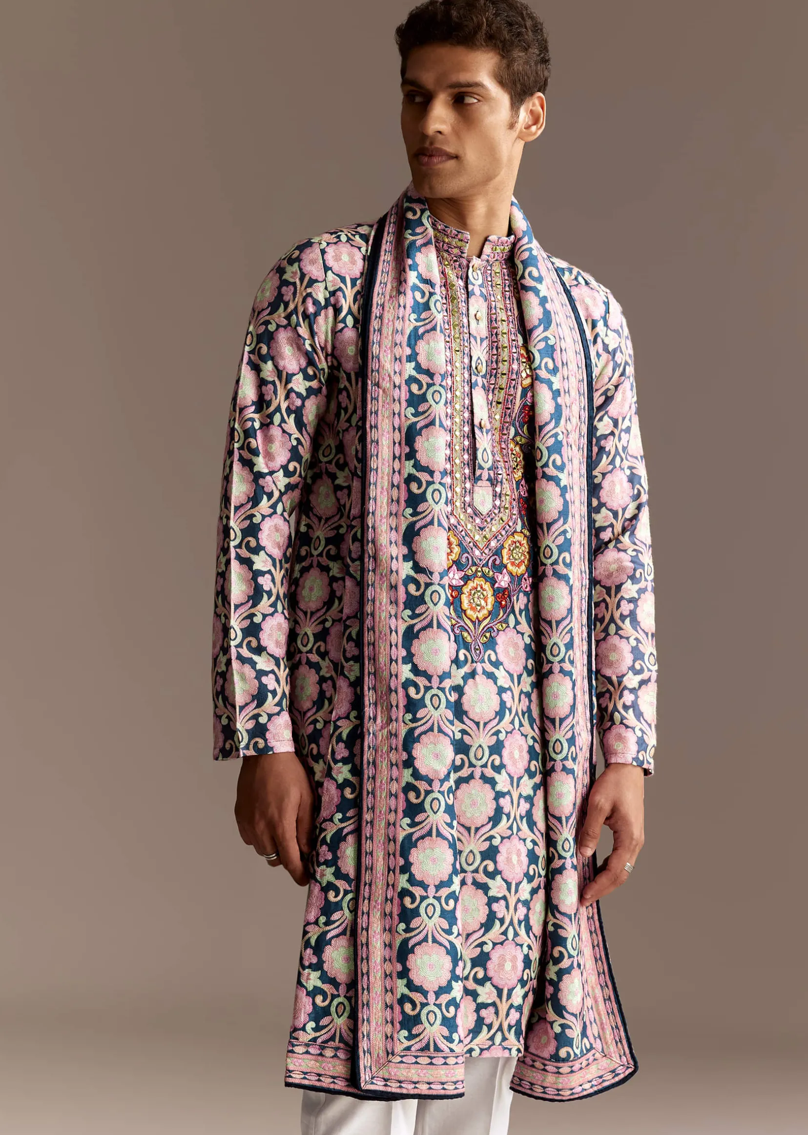 Blue Printed Kurta Dupatta Set With Mirror Work