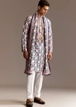 Blue Printed Kurta Dupatta Set With Mirror Work
