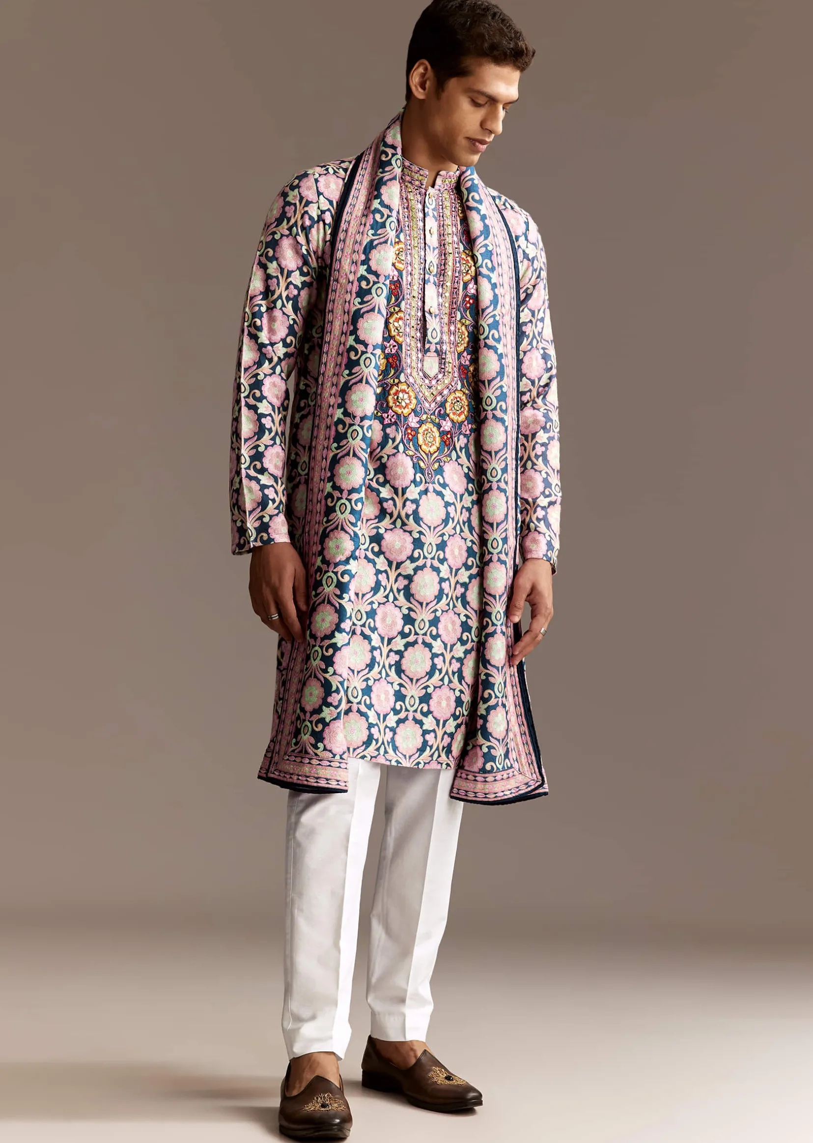 Blue Printed Kurta Dupatta Set With Mirror Work