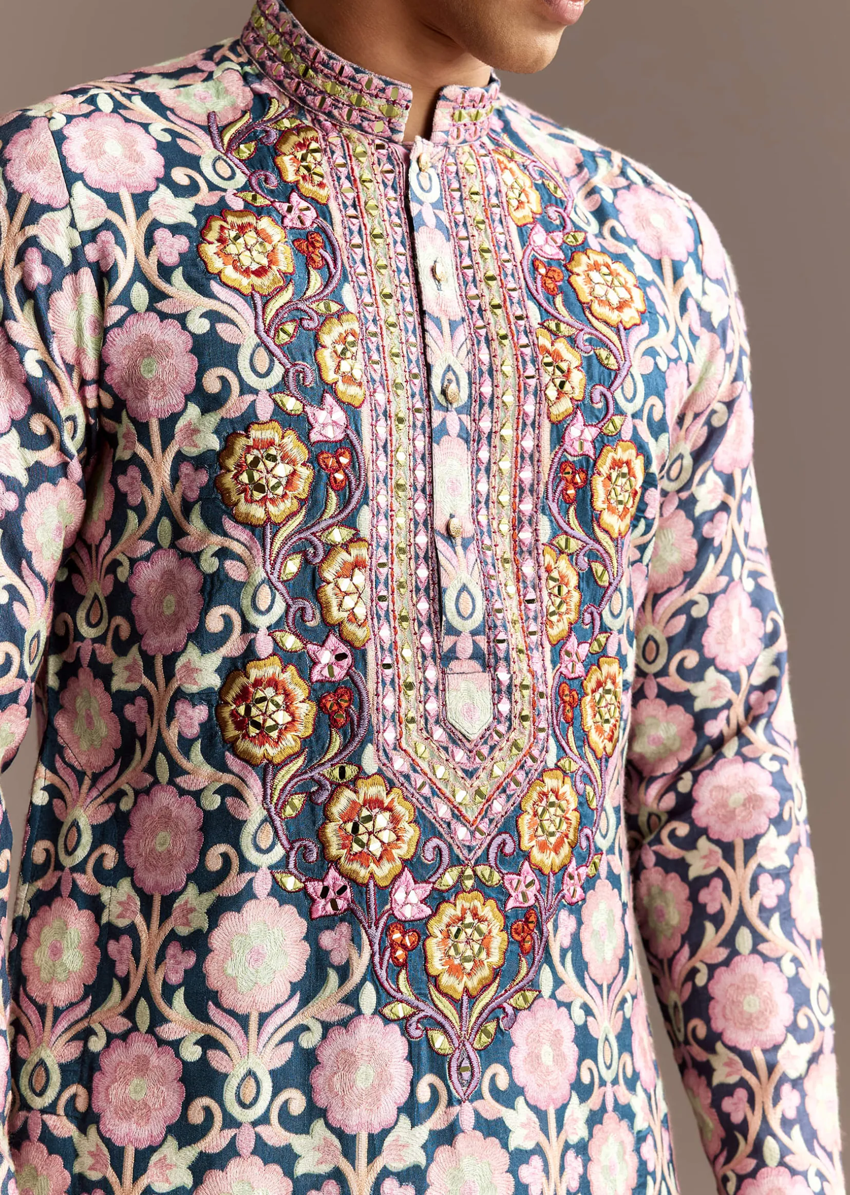 Blue Printed Kurta Dupatta Set With Mirror Work