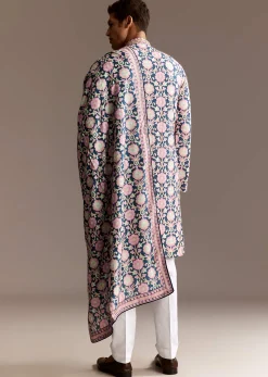 Blue Printed Kurta Dupatta Set With Mirror Work