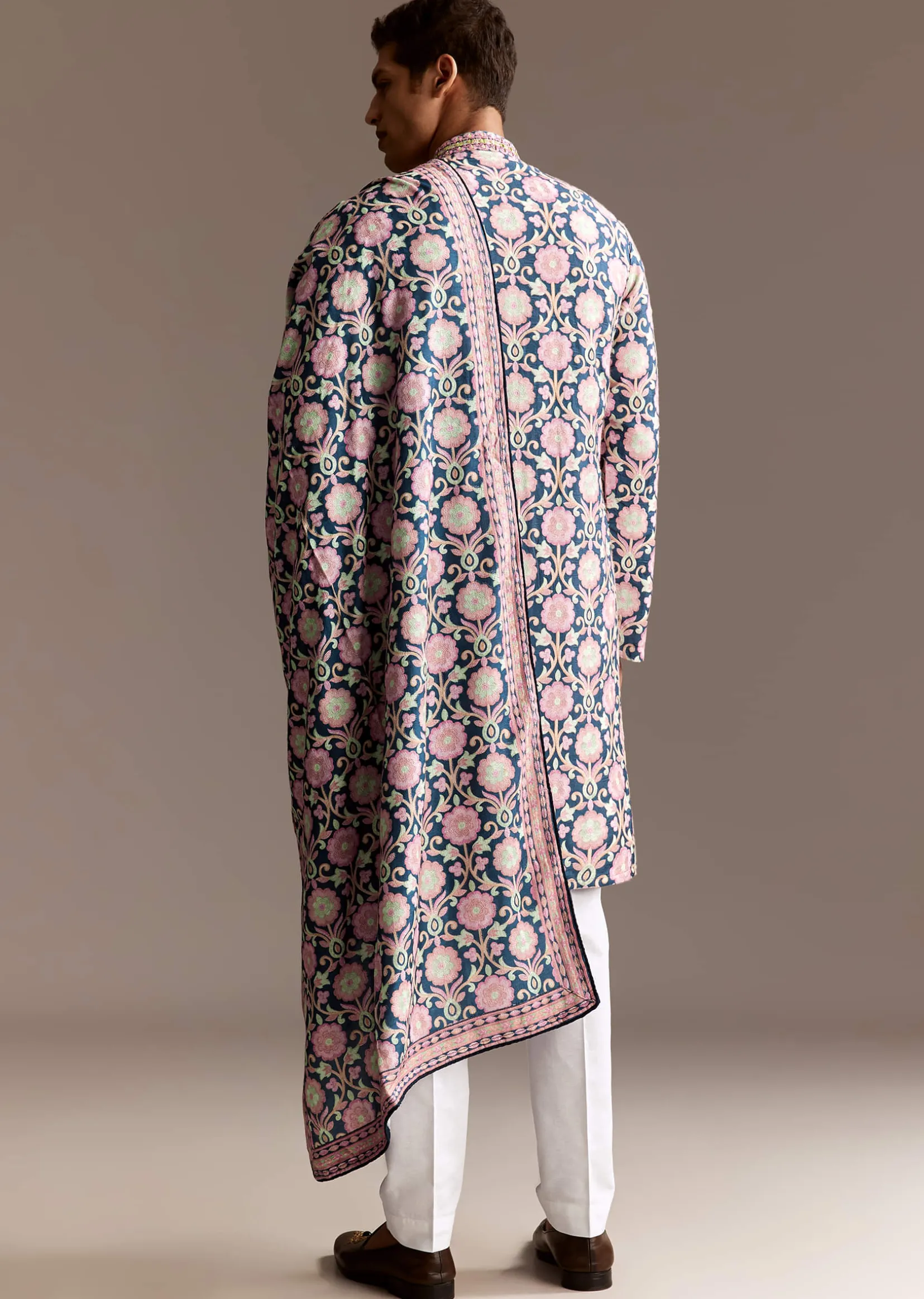 Blue Printed Kurta Dupatta Set With Mirror Work