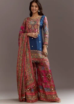 Blue Printed Kurta Palazzo Set With Gotta Lace And Sequins Work