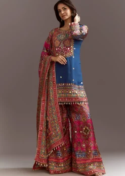 Blue Printed Kurta Palazzo Set With Gotta Lace And Sequins Work