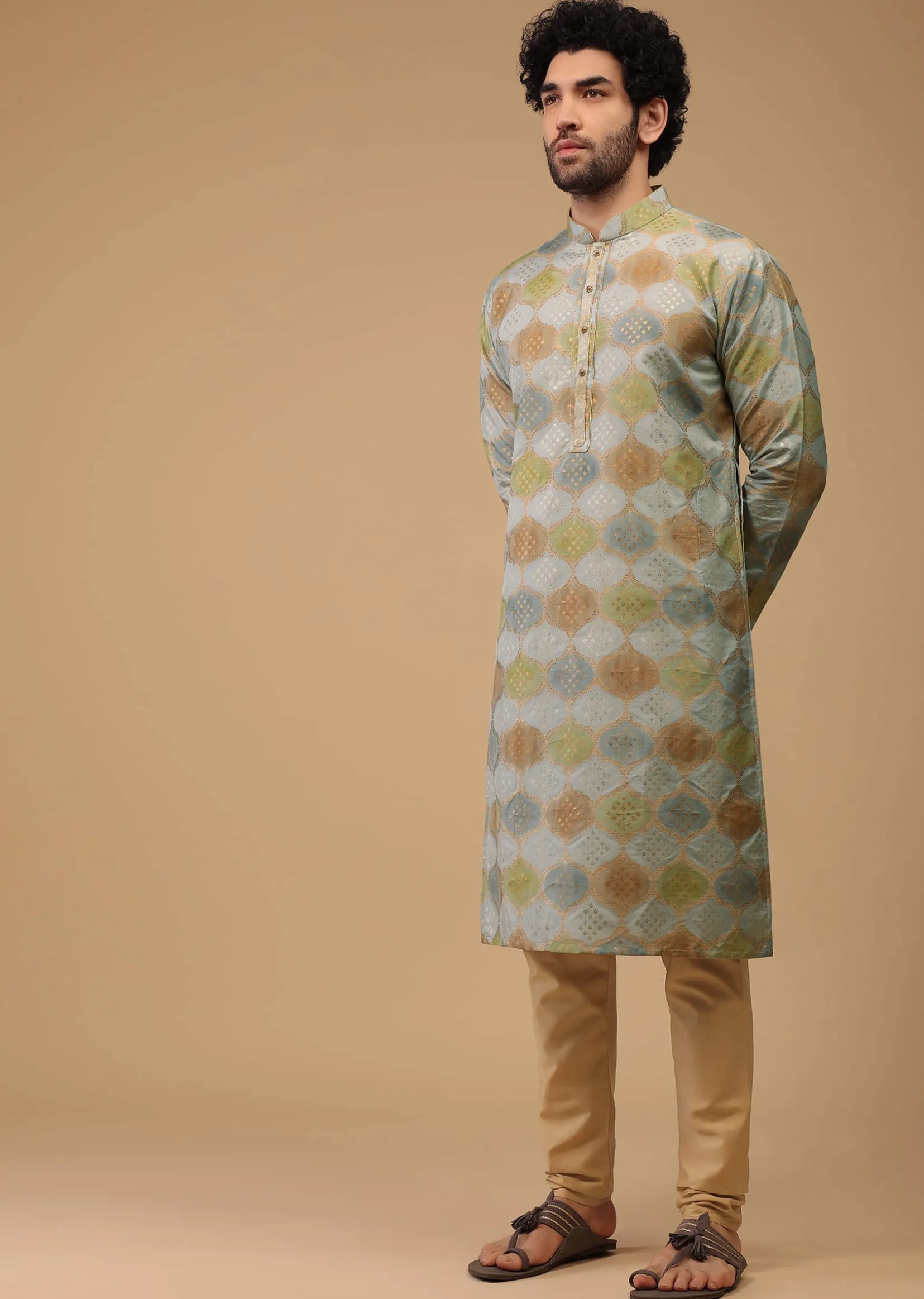 Blue Printed Kurta Set In Handwoven Silk
