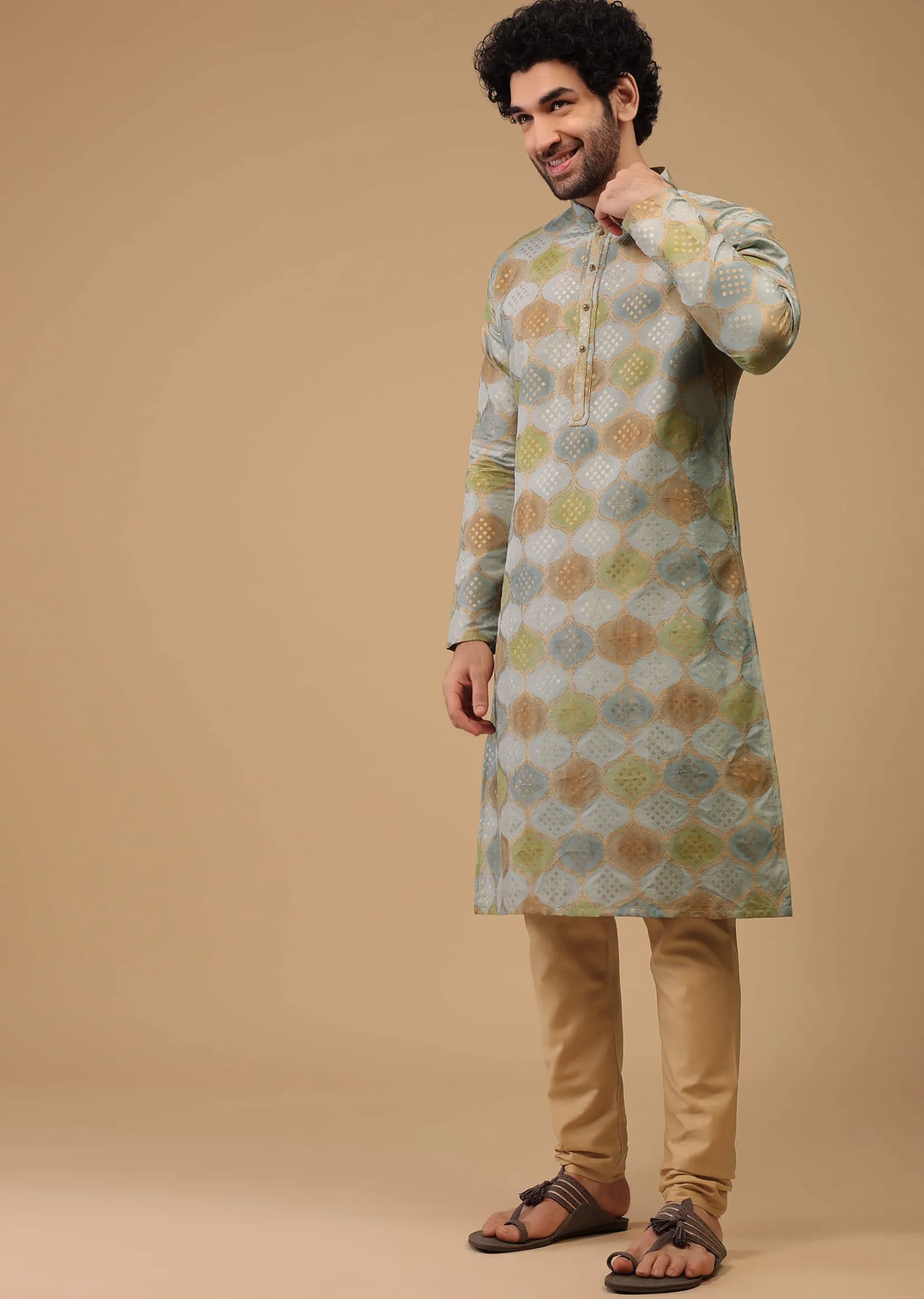 Blue Printed Kurta Set In Handwoven Silk