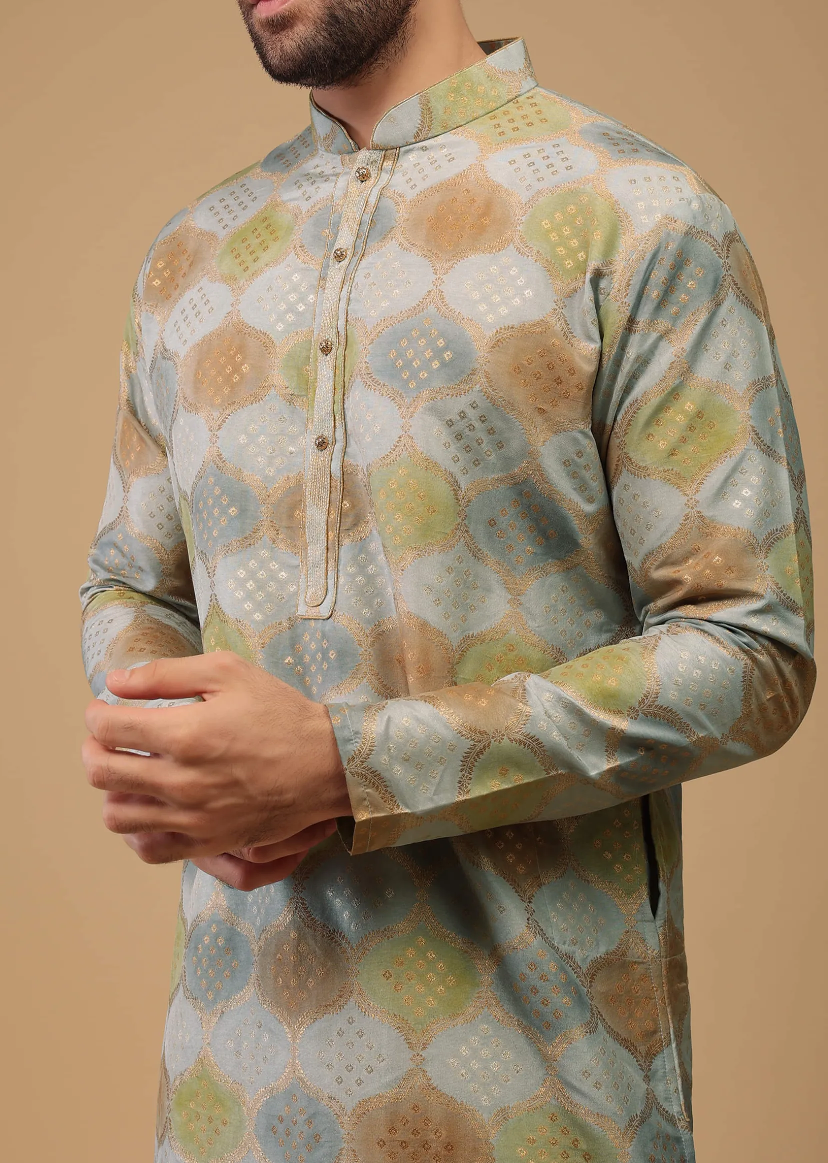 Blue Printed Kurta Set In Handwoven Silk