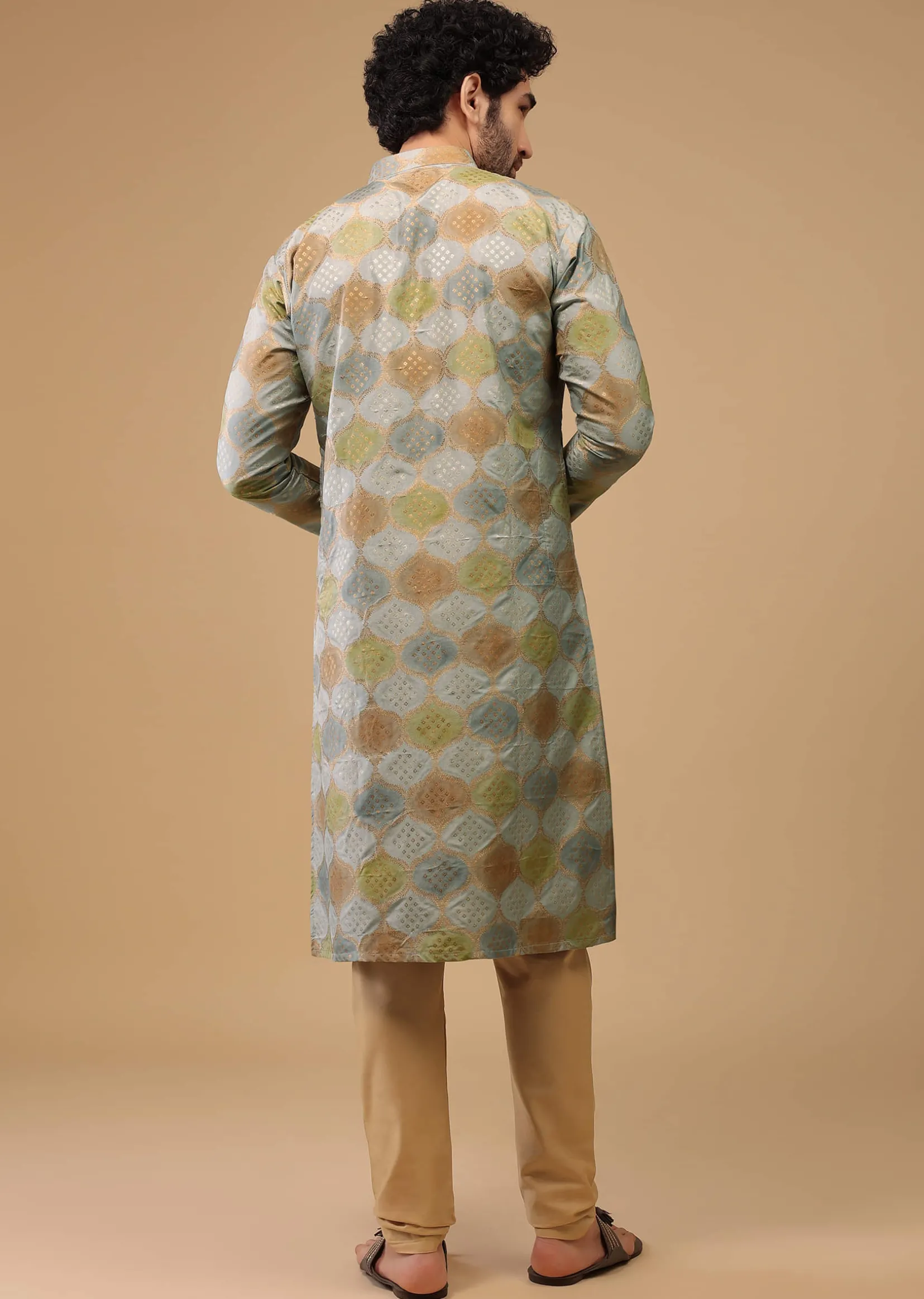 Blue Printed Kurta Set In Handwoven Silk