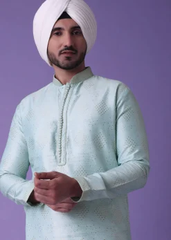Blue Printed Kurta Set In Cotton Silk