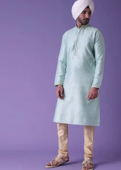 Blue Printed Kurta Set In Cotton Silk