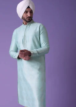 Blue Printed Kurta Set In Cotton Silk