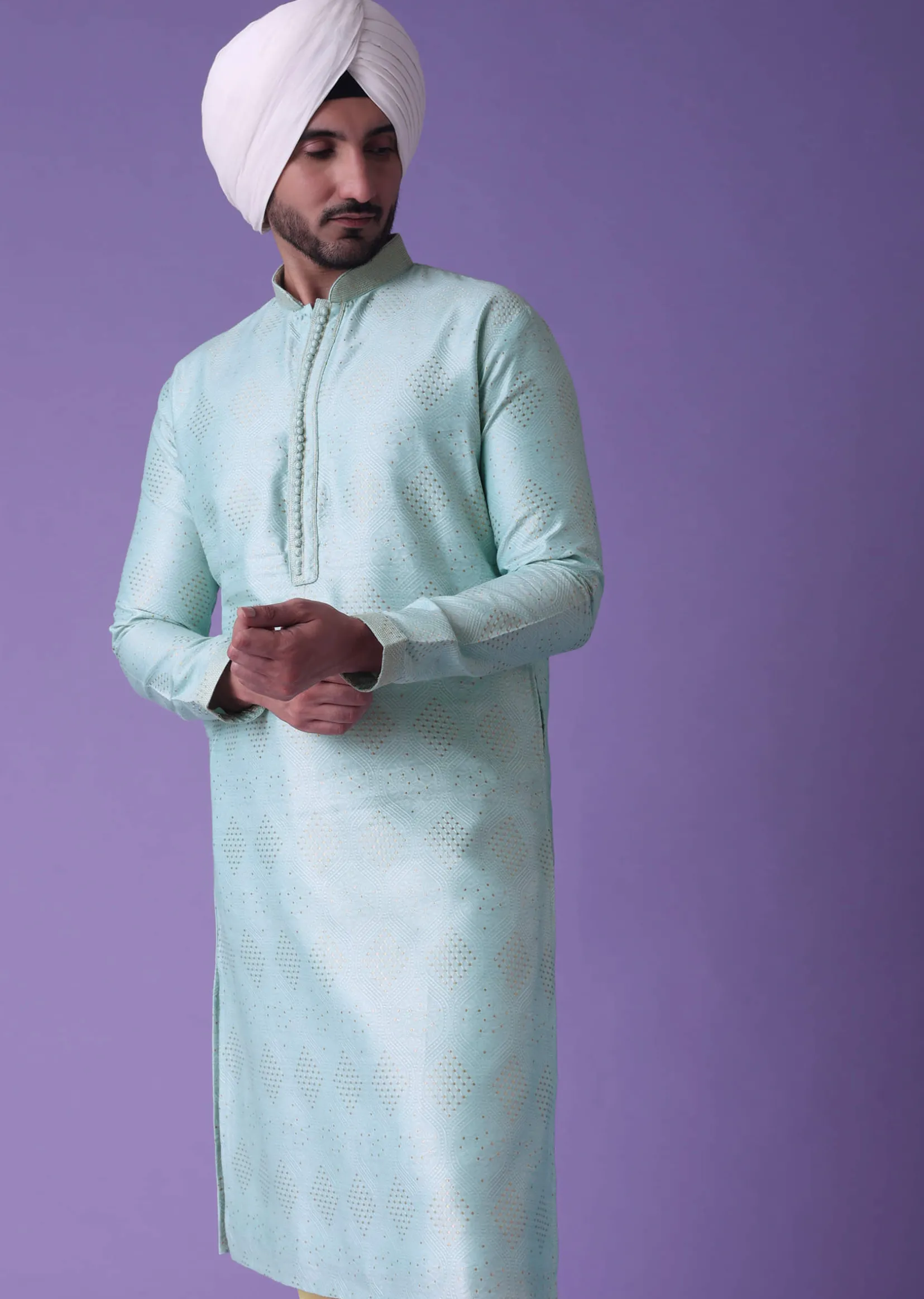 Blue Printed Kurta Set In Cotton Silk