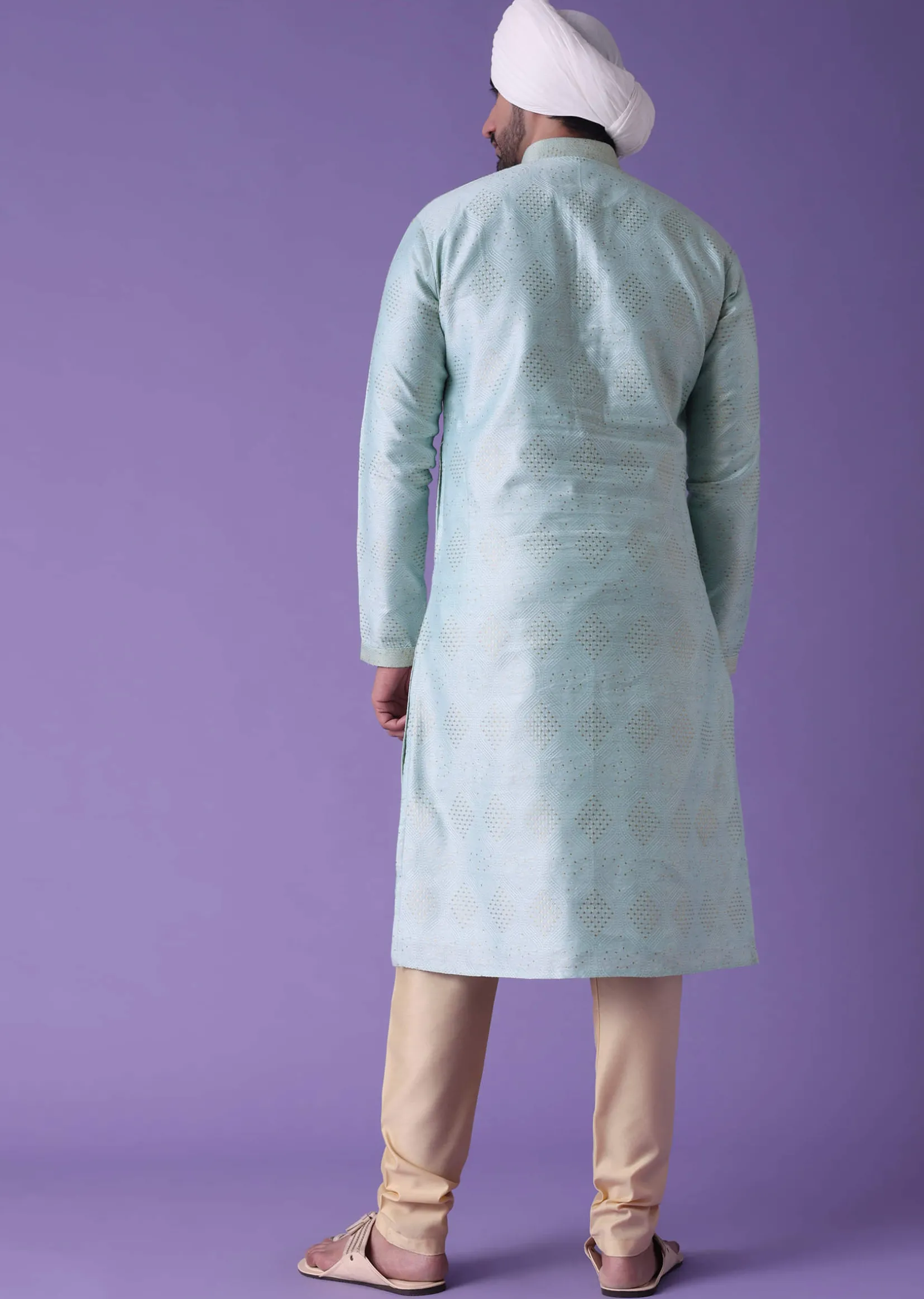 Blue Printed Kurta Set In Cotton Silk