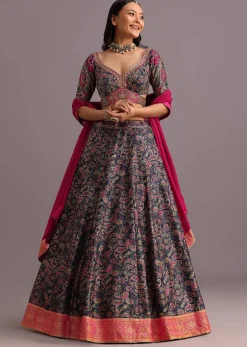 Blue Printed Lehenga Choli With Banarasi Weave Bordered Dupatta