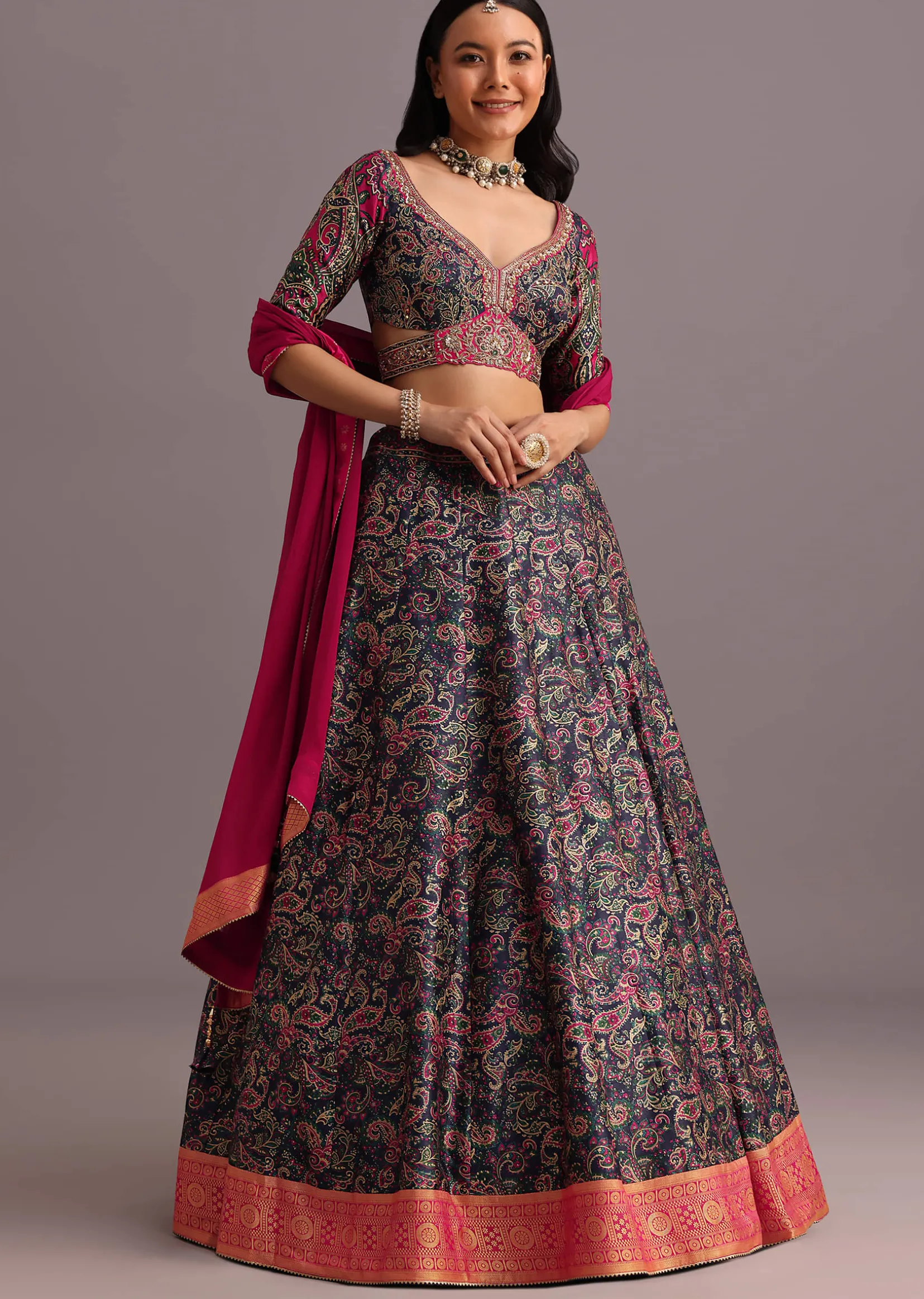Blue Printed Lehenga Choli With Banarasi Weave Bordered Dupatta