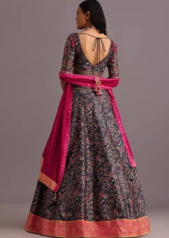 Blue Printed Lehenga Choli With Banarasi Weave Bordered Dupatta