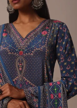 Blue Printed Palazzo Set With Stone Embellished Kurta