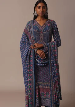Blue Printed Palazzo Set With Stone Embellished Kurta