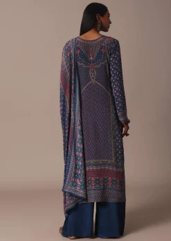 Blue Printed Palazzo Set With Stone Embellished Kurta
